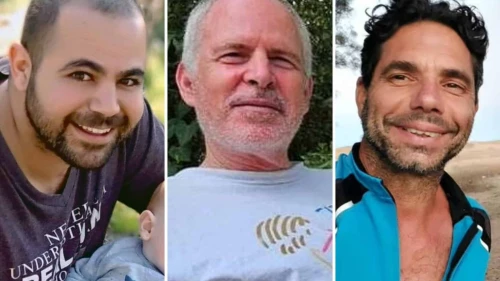 From left, Yarden Bibas, Keith Siegel and Ofer Kalderon are freed from Hamas captivity in Gaza, Feb. 1, 2025. Credit: Courtesy.