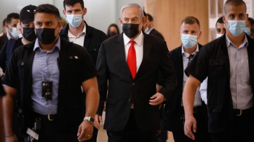 Israeli Prime Minister Benjamin Netanyahu arrives at a Likud Party meeting at the Knesset on April 19, 2021. Photo by Olivier Fitoussi/Flash90.