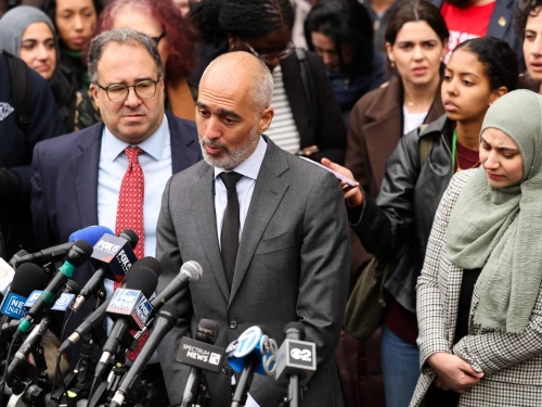 The legal team of Mahmoud Khalil, Ramzi Kassem (center) and Baher Amzy (left) speak to the press outside of the Thurgood Marshall Courthouse, where a hearing is underway regarding Khalil's arrest, in New York City on March 12, 2025. Photo by Charly Triballeau/AFP via Getty Images.