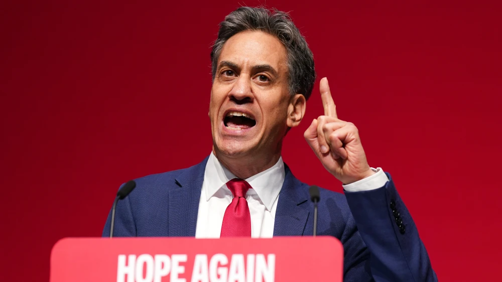 British Foreign Secretary Ed Miliband speaks at the Labour Party Conference in Liverpool on Sept. 28, 2026. Photo by Ian Forsyth/Getty Images.