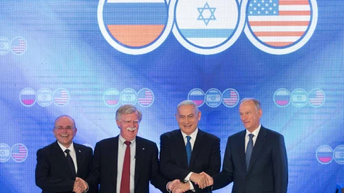 From left: Israeli National Security Adviser Meir Ben-Shabbat; U.S National Security Advisor John Bolton; Israeli Prime Minister Benjamin Netanyahu; and Nikolai Patrushev, secretary of the Russian Security Council during opening statements of a trilateral meeting between at the Orient in Jerusalem on June 25, 2019. Photo By Noam Revkin Fenton/Flash90.