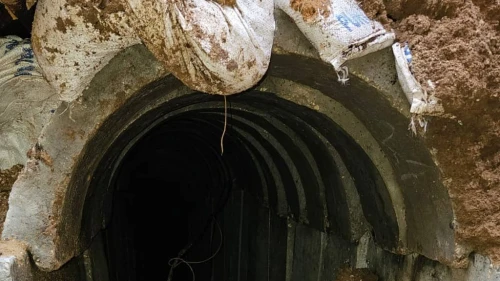 UNRWA sacks filled with sand line a Hamas terror tunnel under Al-Azhar University in Gaza City. Credit: TPS.