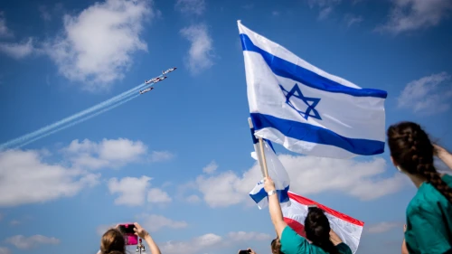 Hadassah Ein Kerem Medical team cheer an Israeli air force acrobatic team flies over Hadassah Ein Kerem hospital in Jerusalem on Israel's 72nd Inependence Day on April 29, 2020, Photo by Yonatan Sindel/Flash90.