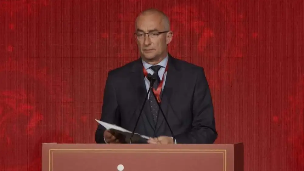 Hungary's State Secretary for Security Policy Péter Sztáray speaks at the JNS International Policy Summit in Jerusalem, April 27, 2025. Credit: Screenshot.