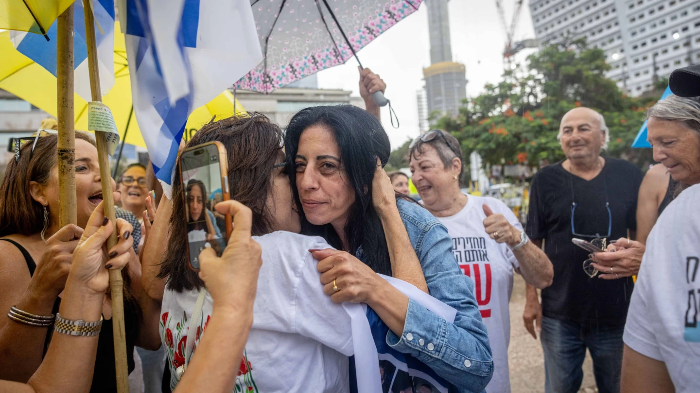 Celebrations at Hostage Square in Tel Aviv as a hostage release is announced. Oct. 9, 2025. Photo by Miriam Alster/Flash90.