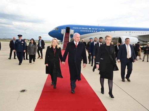Israeli Prime Minister Benjamin Netanyahu and his wife, Sara, arrive in Washington on April 6, 2025. Netanyahu is scheduled to meet with Donald Trump at the White House for the second time since the U.S. president took office. Photo by Avi Ohayon/GPO.