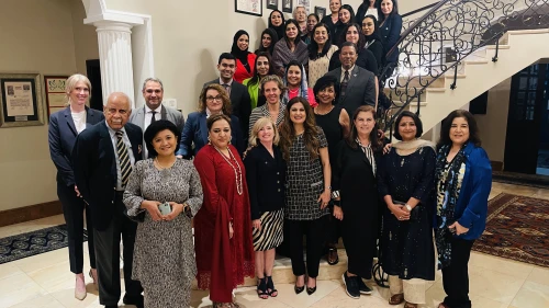 The AMMWEC/Sharaka delegation meets Bahraini women leaders at a reception hosted by Megan Bondy, the wife of the U.S. ambassador. Credit: Courtesy.