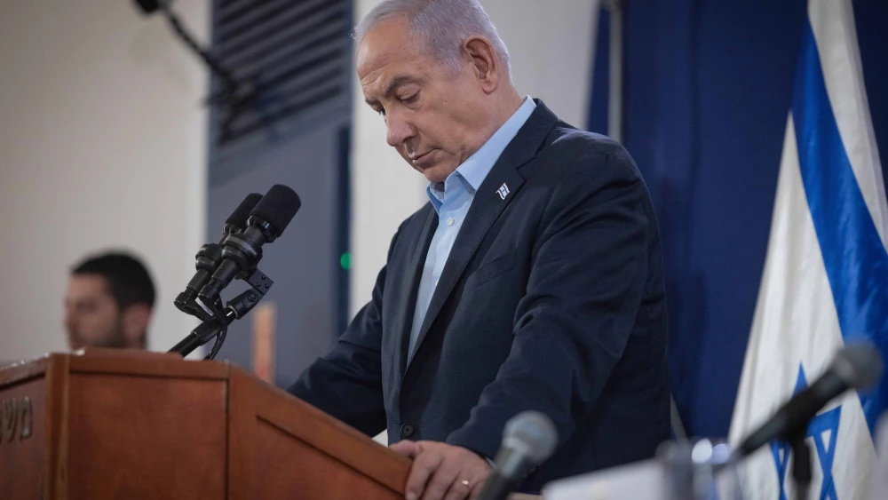 Israeli Prime Minister Benjamin Netanyahu holds a press conference at the Ministry of Defense in Tel Aviv. Nov. 22, 2023. Photo by Chaim Goldberg/Flash90.