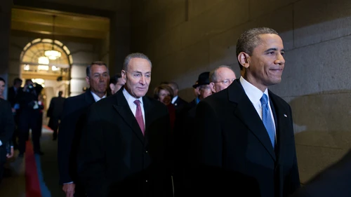 U.S. Sen. Chuck Schumer (D-N.Y., pictured in center) supports a bill that would mandate Congressional review of a final nuclear deal with Iran. President Barack Obama (far right), after previously vowing to veto the bill, may now approve a modified version. Credit: Pete Souza/White House.