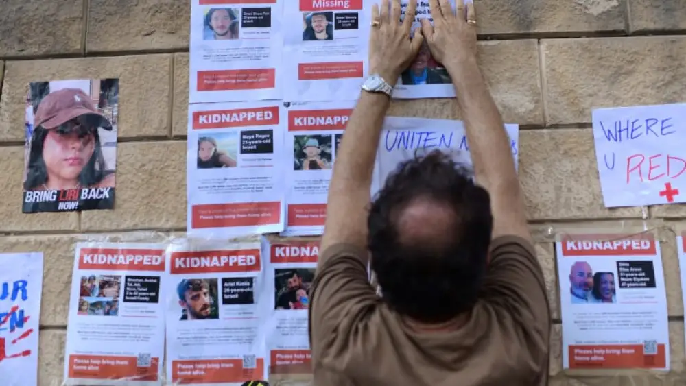 Families of Israelis held hostage by Hamas in the Gaza Strip protest outside the Israeli Defense Ministry in Tel Aviv, Oct. 14, 2023. Photo by Tomer Neuberg/Flash90.