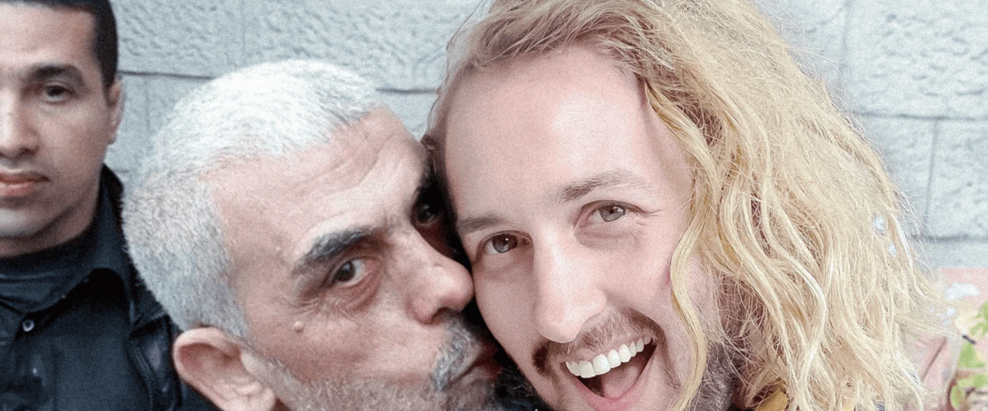 A photomontage shows comedian L.E. Staiman in character as Lyle Culpepper getting kissed by Hamas leader Yahiya Sinwar. Image by L.E. Staiman
