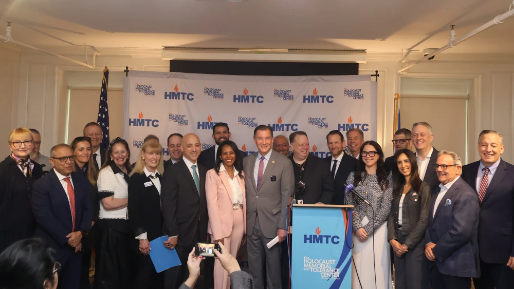 Rep. Tom Suozzi (D-N.Y.) announces federal legislation to create a 100-foot buffer zone around houses of worship at a press conference at the Holocaust Memorial & Tolerance Center in Glen Cove, N.Y., April 24, 2026. Credit: Courtesy office of Rep. Tom Suozzi.