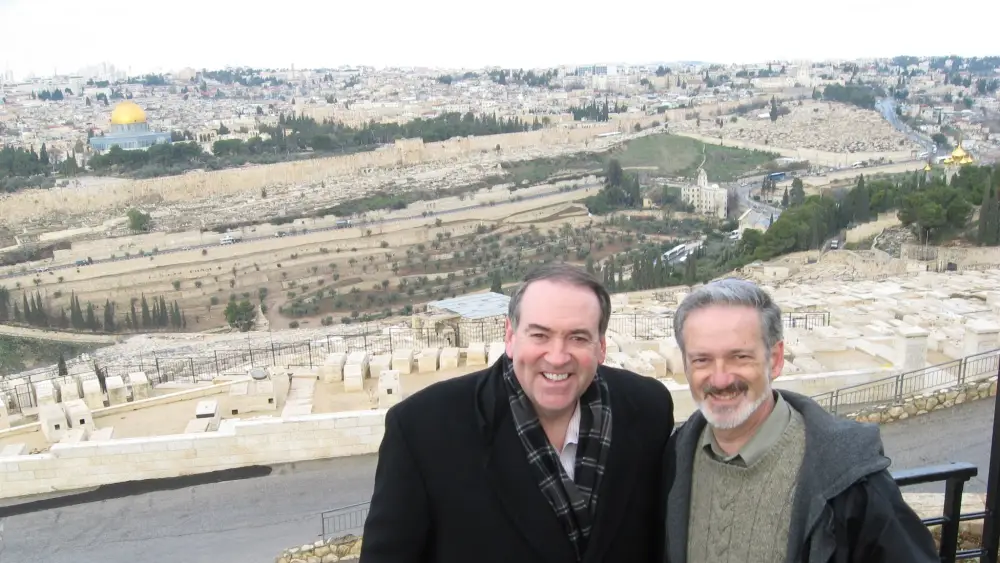 Jeff Daube, Israel chair of the International Committee for Har Hazeitim, with Mike Huckabee during a visit to the Mount of Olives in Jerusalem, years before Huckabee became U.S. ambassador to Israel, in 2011. Credit: Courtesy of Jeff Daube.