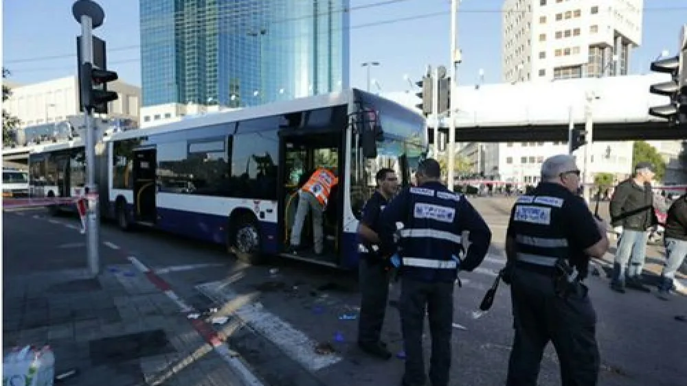 Click photo to download. Caption: The scene of Wednesday's Palestinian terrorist stabbing attack on a bus in Tel Aviv. Credit: United Hatzalah.