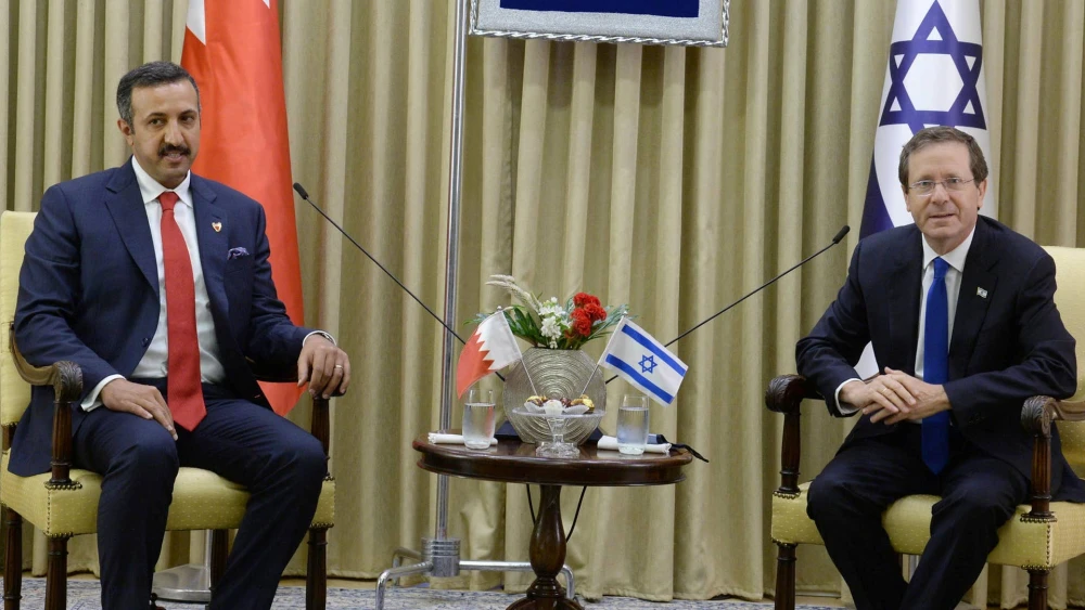 Bahrain's Sheikh Abdullah bin Ahmed Al Khalifa meets Israeli President Isaac Herzog meet in Jerusalem, Aug. 8, 2021. Photo by Mark Neiman/GPO.