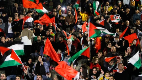 Palestinian supporters of Morocco celebrate the Qatar 2022 World Cup quarter-final match between Morocco and Portugal, in Nablus, Dec. 10, 2022. Photo by Nasser Ishtayeh/Flash90.