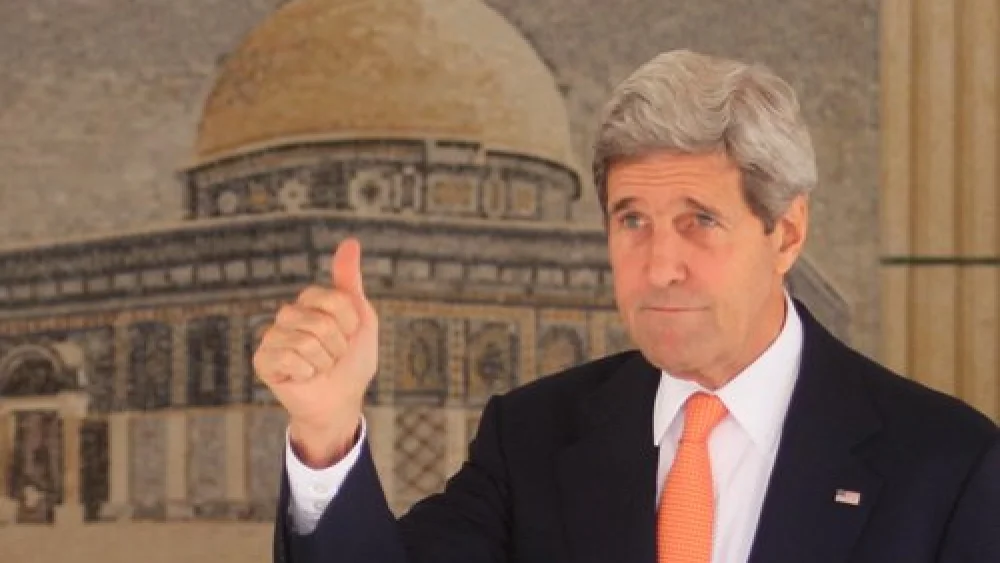 U.S. Secretary of State John Kerry at the Palestinian presidential compound in the West Bank city of Ramallah on July 23, 2014. Credit: Issam Rimawi/Flash90.