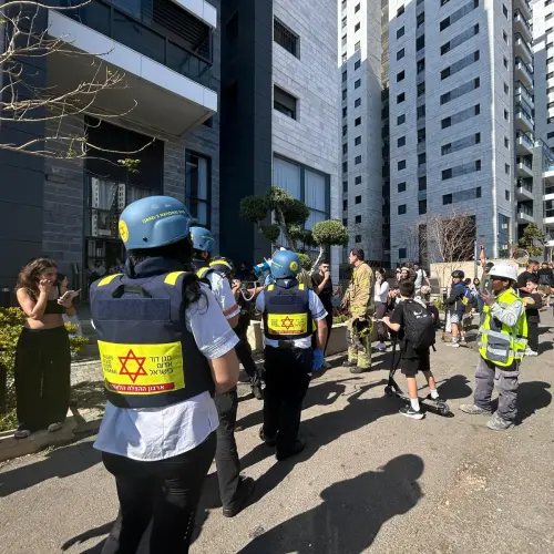 Magen David Adom personnel at the site of a suspected missile fragment impact, March 17, 2026. Photo: Amelie Botbol