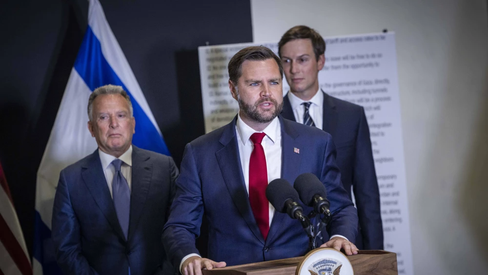 U.S. Vice President JD Vance delivers a statement to the media alongside U.S. Middle East envoy Steve Witkoff and Jared Kushner, Kiryat Gat, Israel, Oct. 21, 2025. Photo by Chaim Goldberg/Flash90.