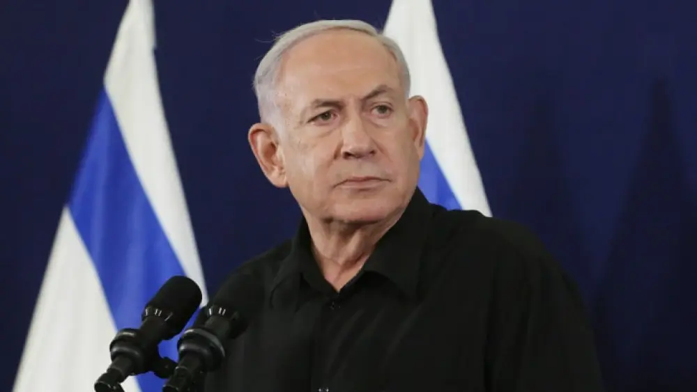 Israeli Prime Minister Benjamin Netanyahu speaks at a press conference at the Ministry of Defense in Tel Aviv on Oct. 28, 2023. Photo by Dana Kopel/POOL.