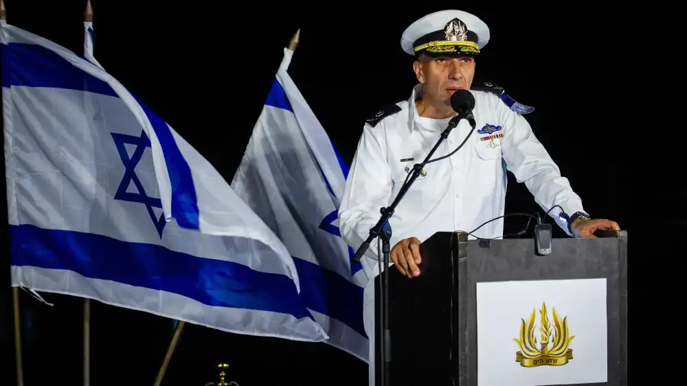 Then-commander of the Israeli Navy Vice Admiral Eli Sharvit speaks at a graduating ceremony for Navy officers in Haifa Naval Base on Sept. 4, 2019. Credit: Flash90.