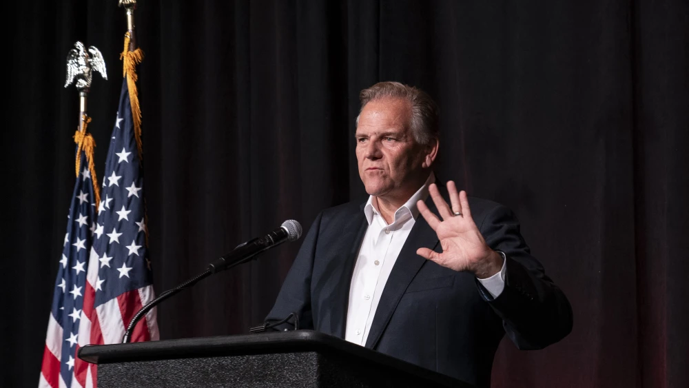 Mike Rogers, Republican candidate for the U.S. Senate in Michigan, speaks at his election watch party with the Michigan GOP in Novi, Mich., on Nov. 5, 2024. Photo by Sarah Rice/Getty Images.