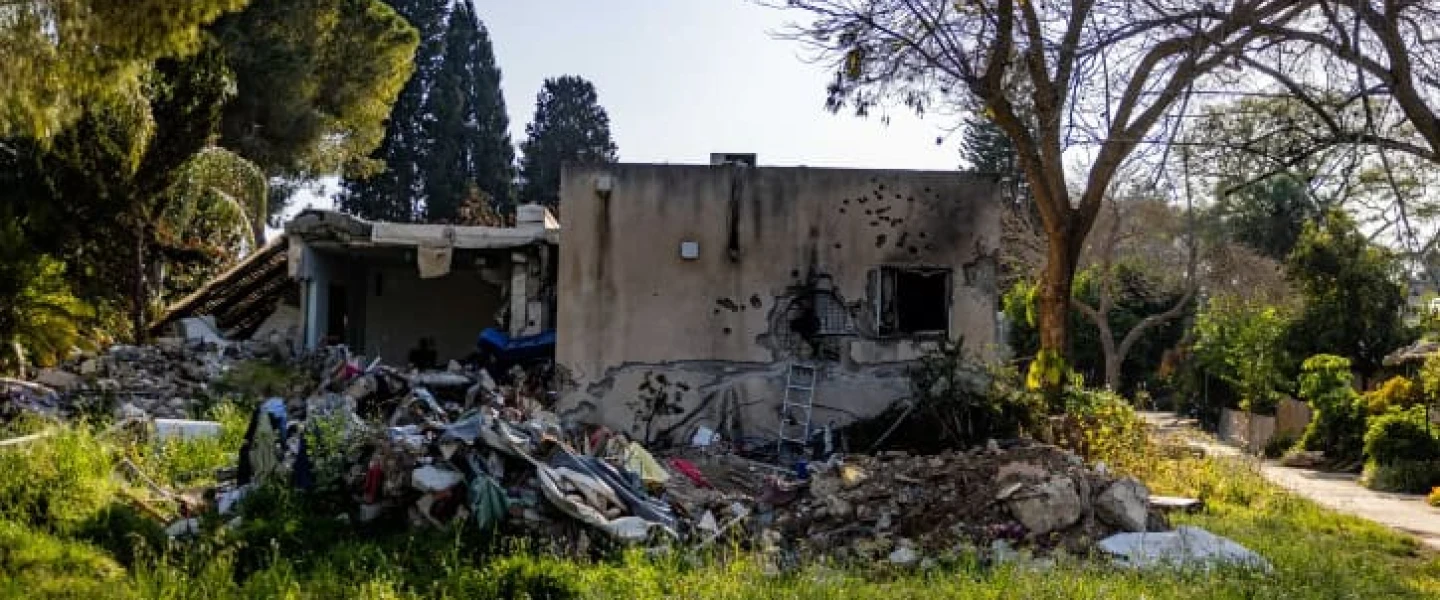 The aftermath of Hamas's Oct. 7 invasion of Kibbutz Kfar Aza in southern Israel, April 7, 2024. Photo by Chaim Goldberg/Flash90.