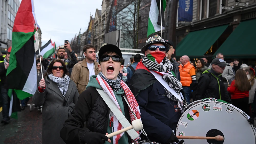 Activists take part in the Ireland-Palestine Solidarity Campaign rally as it makes its way along Royal Avenue to Donegall Place before reaching Belfast City Hall on November 29, 2025 in Belfast, Northern Ireland. Photo by Charles McQuillan/Getty Images.