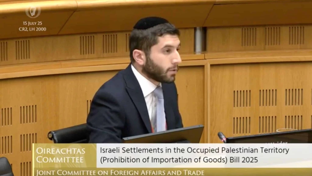 Rabbi Yoni Wieder speaks at the Irish parliament on July 111111111111111111115, 2025. The photo is s screenshot of a video made by the Oireachtas.