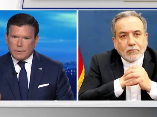 Iranian Foreign Minister Abbas Araghchi (r) speaks with Fox News anchor Bret Baier, July 21, 2025. Credit: Fox News/Screenshot.