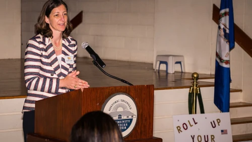 Elaine Luria, then a Democratic candidate for Virginia's Second Congressional District, speaks at a June 2018 rally in Williamsburg, Va. Credit: Mobilus In Mobili/Flickr.