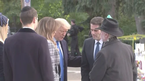 U.S. President Donald Trump outside the Tree of Life Synagogue with Israeli Ambassador to the United States Ron Dermer, Rabbi Jeffrey Myers and first lady Melania Trump, as the president’s daughter, Ivanka, and her husband and senior adviser to the president, Jared Kushner, look on. Source: David Aaronson/Twitter.