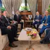 Board of Peace envoy Nickolay Mladenov and White House senior aide Jared Kushner, along with other aides, meet with Israeli President Isaac Herzog in Jerusalem, Aug.17, 2026. Photo by Shalev Shalom/GPO.