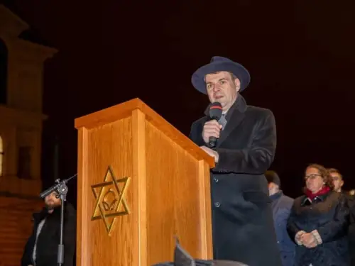 Czech Foreign Minister Petr Macinka voices support for moving the embassy to Jerusalem at a Sunday night Chanukah candle lighting ceremony in central Prague, Dec. 14, 2025. Credit: Courtesy of Chabad-Lubavitch.