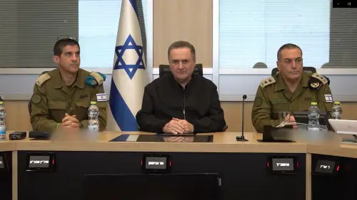 Defense Minister Israel Katz and IDF Chief of Staff Lt. Gen. Eyal Zamir (right) during a situational assessment at the Kirya military headquarters in Tel Aviv on March 7, 2026. Photo by Elad Malka/Israel Ministry of Defense.