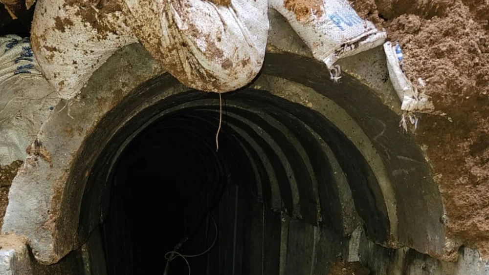 UNRWA sacks filled with sand line a Hamas terror tunnel under Al-Azhar University in Gaza City. Credit: TPS.