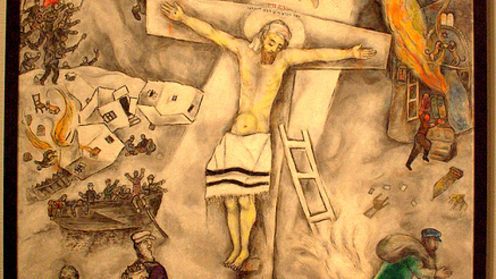 March Chagall's "White Crucifixion" depicted Jesus' crucifixion with strong Jewish imagery, thereby tying the holidays of Passover and Easter even closer together. Note: This is a screen grab, not the hi-res image. The original image belongs to the Art Institute of Chicago.