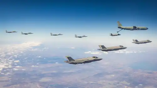 The Israeli Air Force practicing aerial refueling of fighter jets in Israeli airspace. The exercise simulated long-range flight deep behind enemy lines, Aug. 18, 2024. Credit: IDF.
