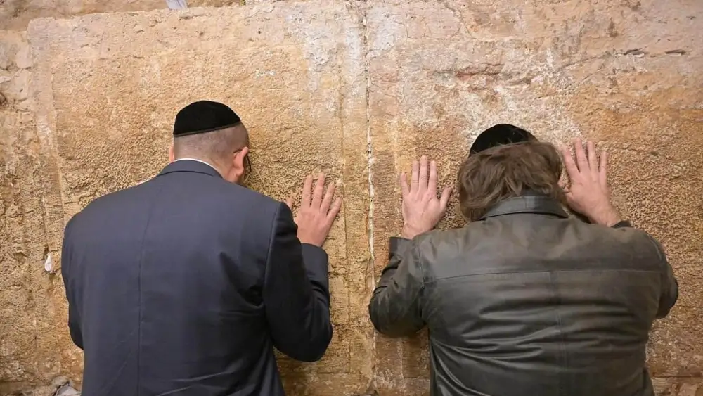 Argentine President Javier Milei and Argentina's Ambassador to Israel Axel Wahnish pray at the Western Wall in Jerusalem, June 10, 2025. Photo courtesy of Argentina's Embassy in Israel.