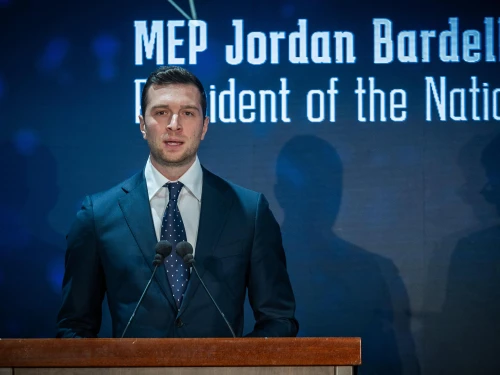 France's National Rally leader Jordan Bardella attends a conference organized by the Ministry of Diaspora Affairs and Combating Antisemitism, at the International Convention Center in Jerusalem on March 27, 2025. Photo by Yonatan Sindel/Flash90.
