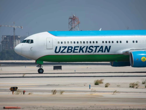 An Uzbekistan Airway flight takes off from Ben-Gurion Airport. July 22, 2019. Photo by Moshe Shai/Flash90.