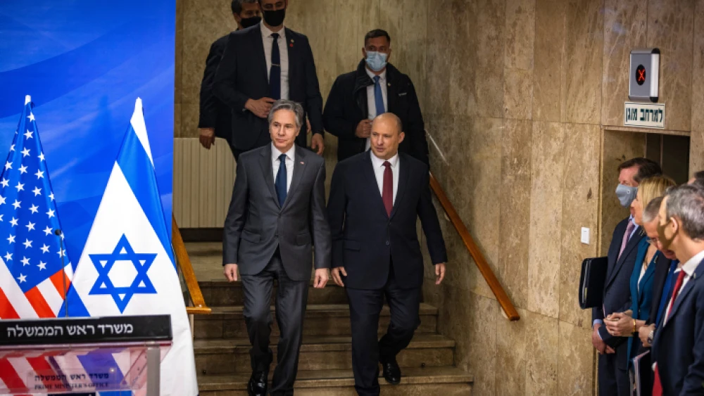 Israeli Prime Minister Naftali Bennett and U.S. Secretary of State Antony Blinken give a press statement after their meeting at the Prime Minister's office in Jerusalem, March 27, 2022. Photo by Olivier Fitoussi/Flash90