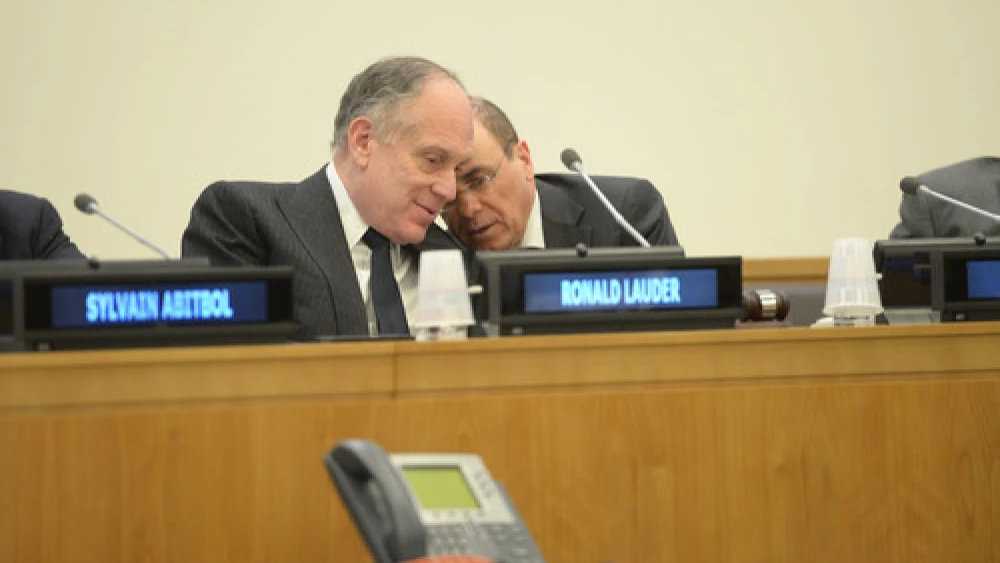 Ronald S. Lauder (left), president of the World Jewish Congress, and Sivan Shalom, Israeli Minister of National Infrastructure, Energy and Water, and Minister of Regional Cooperation, at a Nov. 21 conference at the United Nations on the plight of Jewish refugees from Arab countries. Credit: World Jewish Congress.