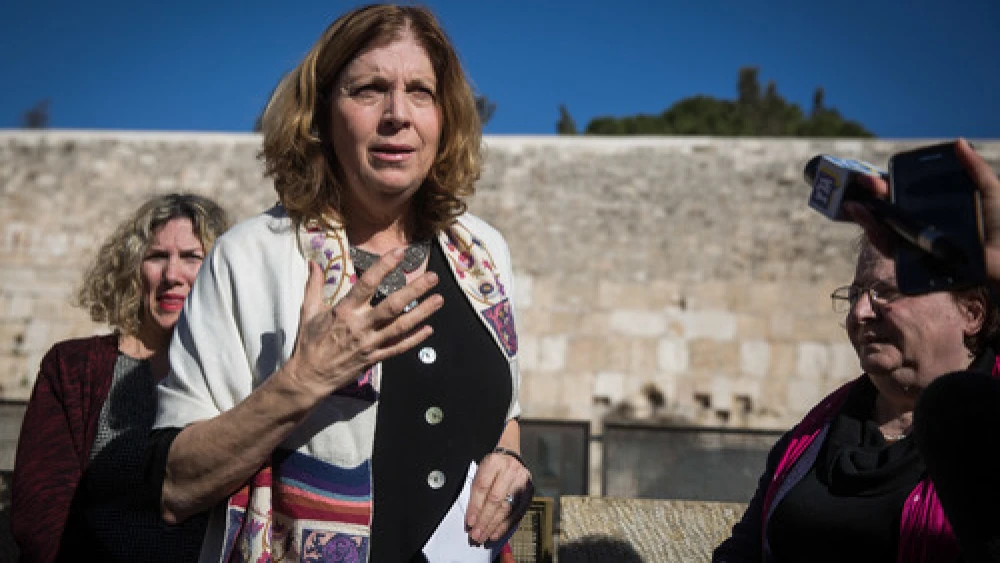 Anat Hoffman, leader of the Women of the Wall group, speaks with members of the media near the Western Wall on Jan. 31, reacting to the Israeli government's passage of a new plan on egalitarian prayer rights at the Jewish holy site. Credit: Hadas Parush/Flash90.