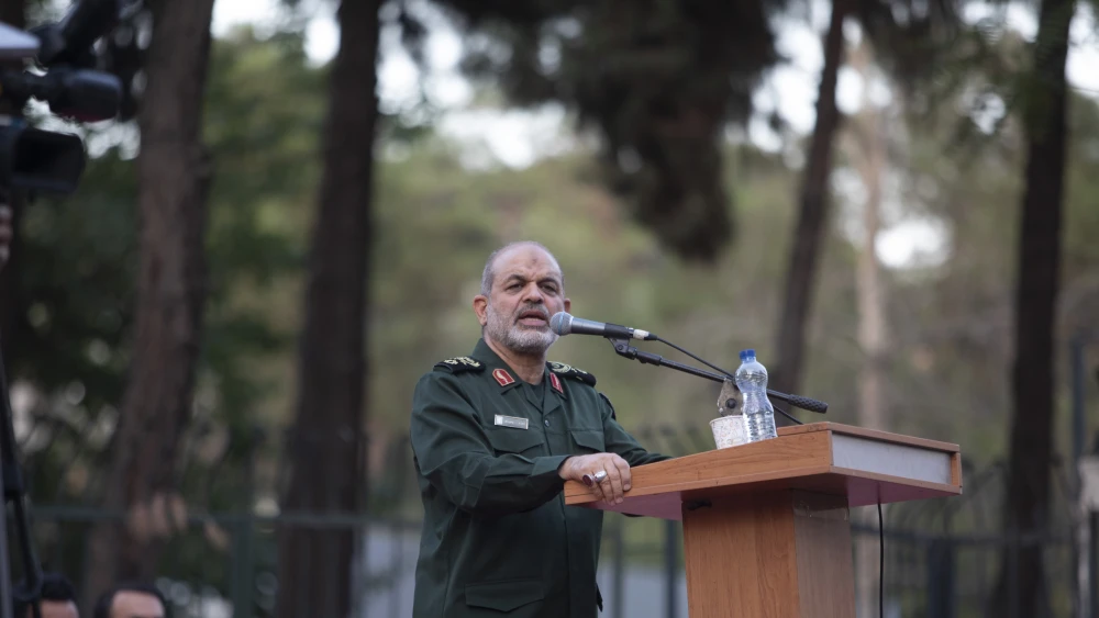 Ahmad Vahidi addresses Iranian students during a protest against the death of Hezbollah terrorist leader Hassan Nasrallah, Oct. 3, 2024. Photo by Majid Saeedi/Getty Images.
