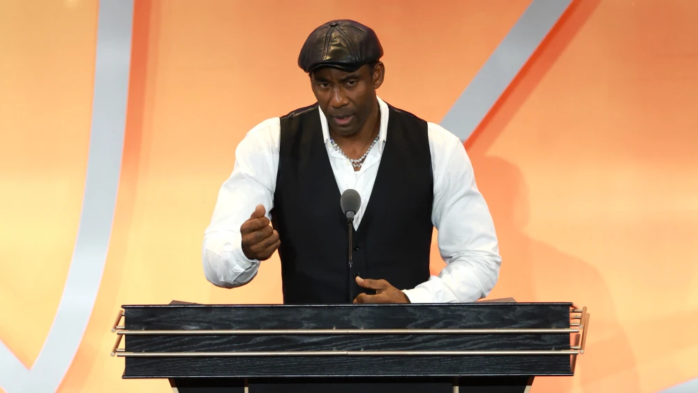 Inductee Amar'e Stoudemire speaks to the audience during the 2026 Basketball Hall of Fame Enshrinement Ceremony at Symphony Hall in Springfield, Mass., on Aug. 15, 2026. Photo by Elsa/Getty Images.