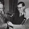 U.S. President Harry S. Truman, Israeli Ambassador to the United States Abba Eban and Israeli Prime Minister David Ben-Gurion in the White House on May 1, 1951. The Israeli leaders presented Truman with a menorah. Credit: Fritz Cohen via Wikimedia Commons.