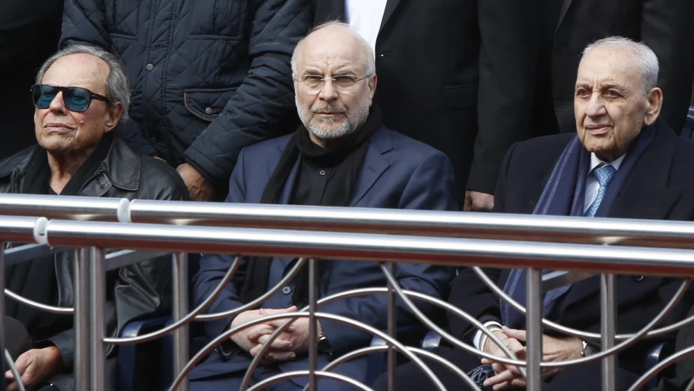 From left, Lebanon's former President Emile Lahoud, Iran's Parliament Speaker Mohammad Bagher Ghalibaf and Lebanon's Parliament Speaker Nabih Berri attend the funeral of Hezbollah's slain leaders Hassan Nasrallah and Hashem Safieddine, at Camille Chamoun Sports City Stadium on the outskirts of Beirut on Feb. 23, 2025. Photo by AFP via Getty Images.