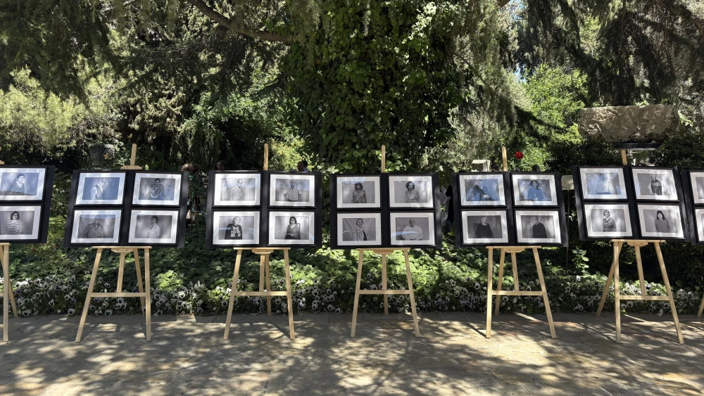 Portraits of Farhud survivors, photographed by Rona Olshevsky, are displayed as part of the “Faces of the Farhud” exhibition during an event marking 85 years since the 1941 pogrom against Iraqi Jews, at the President’s Residence in Jerusalem, June 1, 2026. Photo by Sasha Silber/JNS.