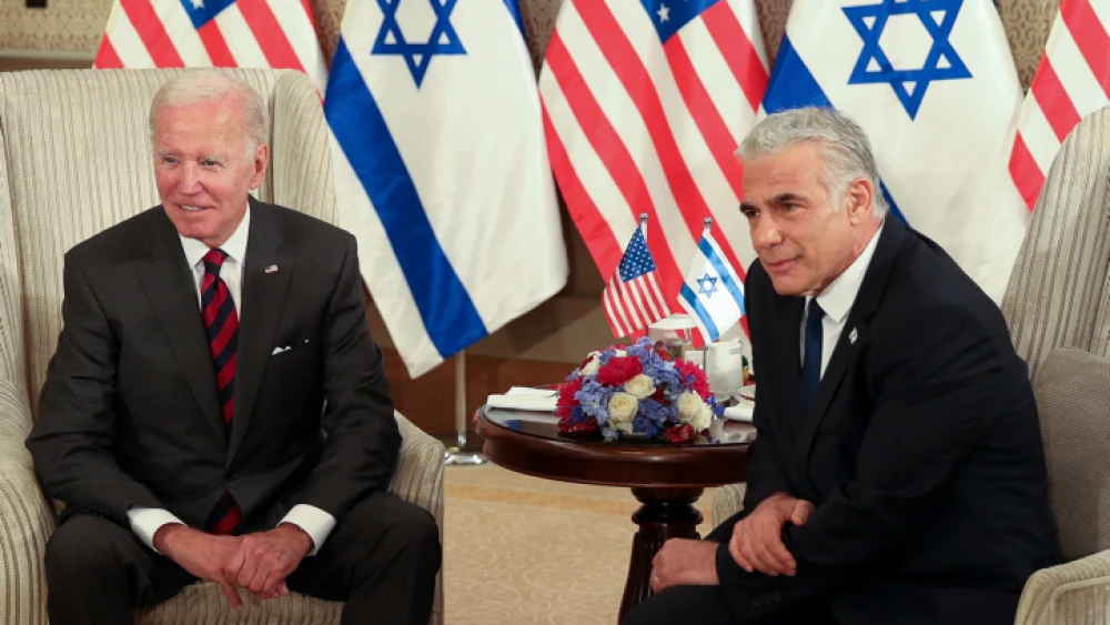 U.S. President Joe Biden meets with Israeli Prime Minister Yair Lapid in Jerusalem on July 14, 2022. Photo by Emil Salman/POOL.
